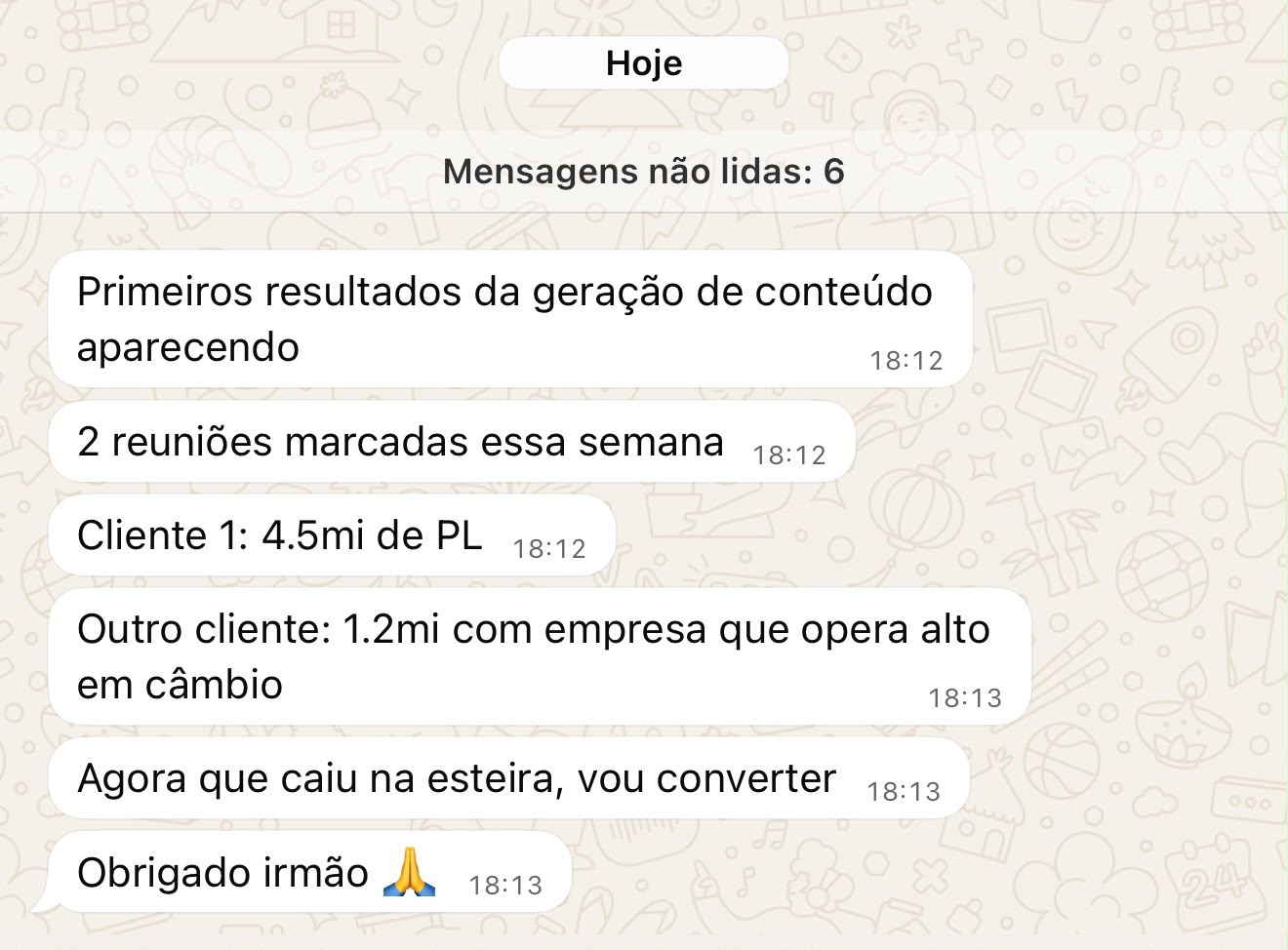 Mensagem de resultado enviada por um profissional do mercado financeiro